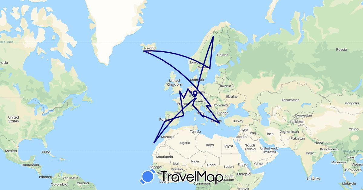 TravelMap itinerary: driving in Switzerland, Germany, Spain, France, United Kingdom, Greece, Croatia, Iceland, Italy, Netherlands, Portugal, Sweden (Europe)